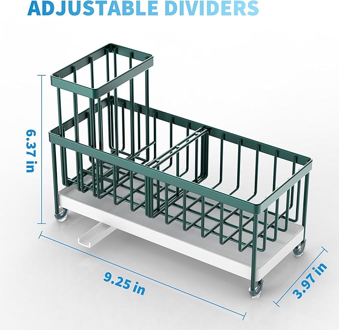Cisily Sponge Holder for Kitchen Sink, Sink Caddy Organizer with High Brush Holder, Countertop Organizers and Storage Rustproof 304 Stainless Steel, Dark Green Kitchen Decor and Accessories
