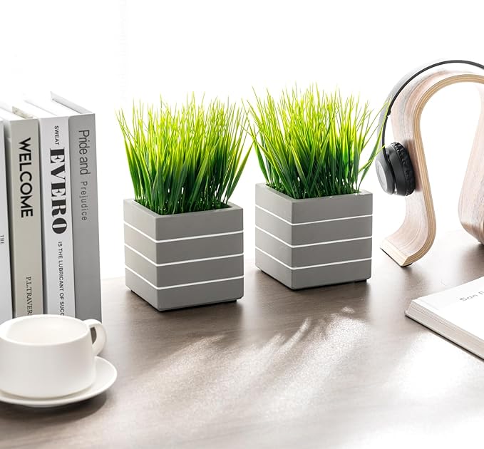 MyGift 9 Inch Tall Mini Artificial Green Grass Plants in Ribbed Gray Concrete Cube Planters, Tabletop Faux Greenery Square Cement Pots Centerpiece Décor, Set of 2