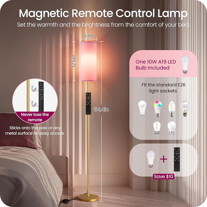 Dimmable Pink Floor Lamp for Living Room with Remote and Foot Switch, Corner Floor Lamp, 64.4'' Standing Tall Lamp, 10W 900LM Bulb Included, 3000K-6500K, Linen Shade, Gold Pink, FCC Listed DP06LD05W1
