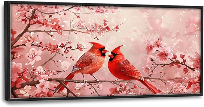 Flintis Large Cardinals Wall Art Red Cardinals Pictures Wall Decor Abstract Animal Canvas Painting Print Artwork Decoration Framed for Living Room Bathroom Master Bedroom Office Dining 60L x 30W