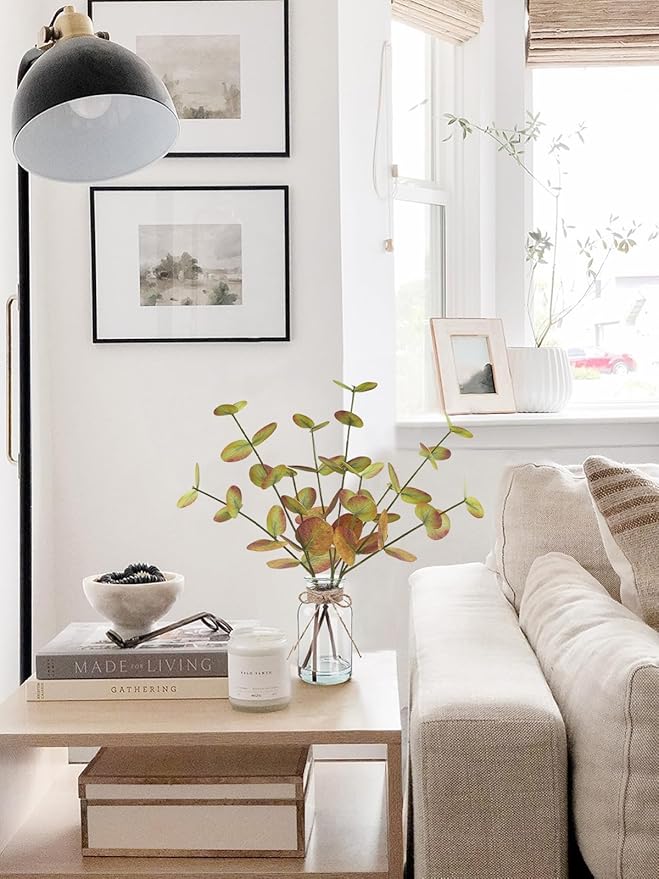 Fall Fake Eucalyptus Stems in Glass Vase with Faux Water 14" Fake Fall Plants with Artificial Eucalyptus Leaves Fall Decorations for Home Bathroom Desk Coffee Table Centerpiece Office Farmhouse Decor