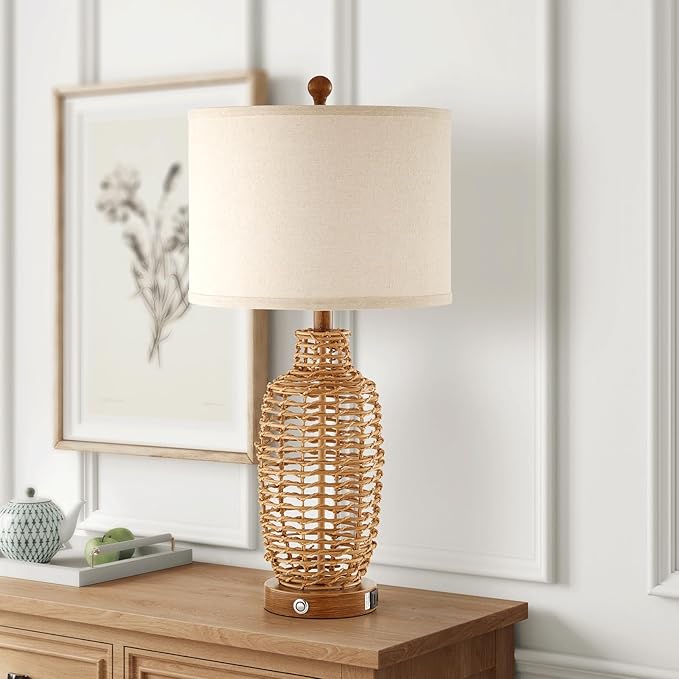 Rattan Table Lamps Set of 2 Wicker Lamps 3 Way Dimmable Touch Control Farmhouse Rustic Coastal Lamps with USB Port for Bedroom Living Room Office (LED Bulbs Included)