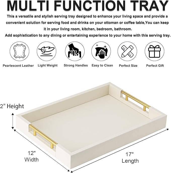 Ivory Faux Leather Serving Tray with Handles – Large Decorative Tray for Coffee Table, Ottoman, Living Room, Bathroom – Home Decor