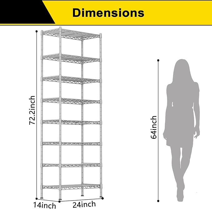 GIOTORENT 8-Wire Garage Shelving Storage Shelves, Kitchen Storage Adjustable Shelf, Metal Shelves 1600Lbs Capacity 24" W x 14" D x 72.2" H for Laundry Bathroom Pantry Closet, Silver