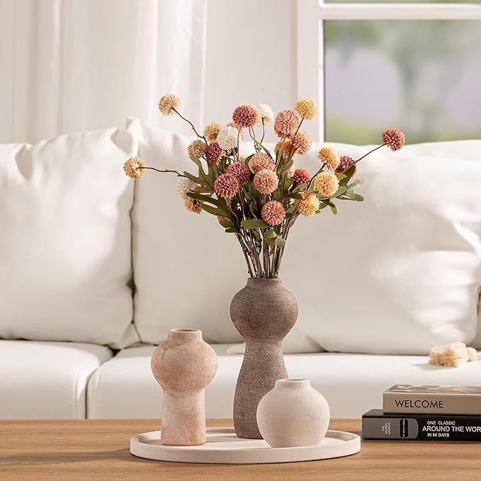 Ceramic Vase Home Table Decor - Flower Vase Set of 3 Living Room Kitchen Decorations Farmhouse Modern Rustic Vases Decorative Centerpiece for Shelf Bedroom Office Bathroom Dining Coffee Desk