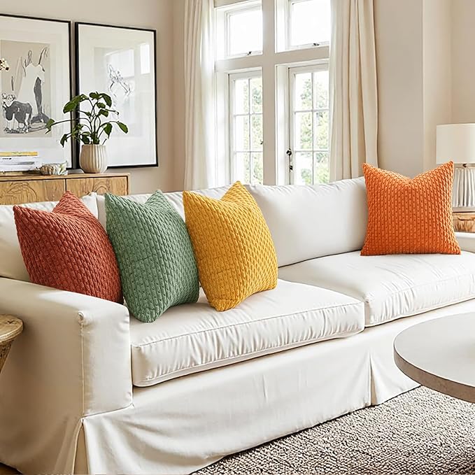 MIULEE Fall Burnt Orange Throw Pillow Covers Soft Couch Decorative Set of 4 Boho Striped Cushion Covers Corduroy Pillowcase Farmhouse Home Decor for Couch Bed Sofa Living Room 18x18 Inch Yellow Orange