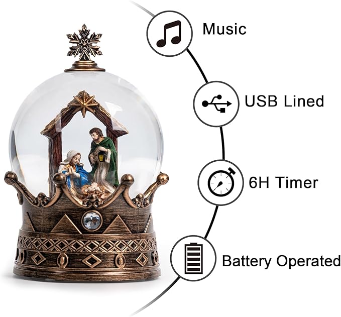 Snow Globe Lighted Christmas Decorations, Nativity Manger Scene Musical Crown Snow Globe Lantern with Swirling Glitter, Christmas Holiday Party Gifts and Decorations