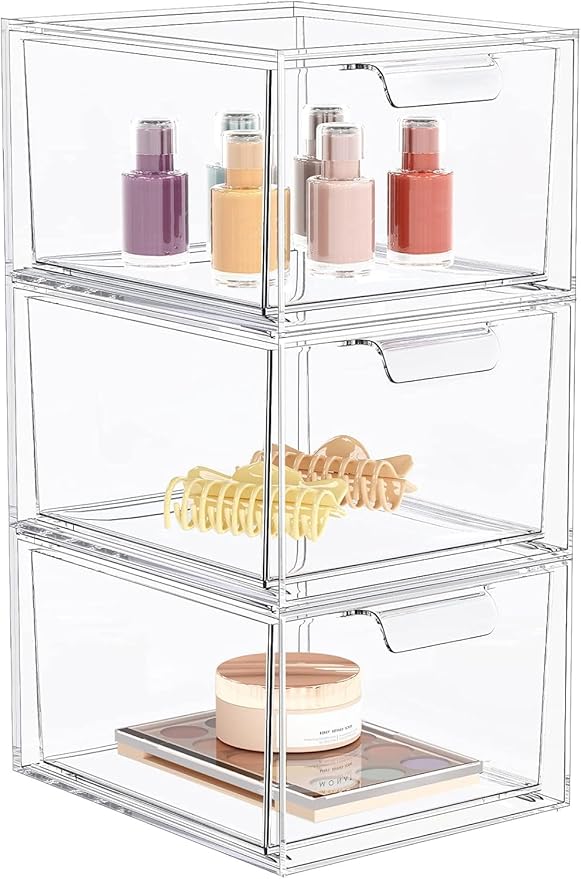 3 Pack Stackable Makeup Organizer and Storage, Acrylic Organizers，Clear Plastic Storage Drawer with Handles for Vanity, Undersink, Kitchen Cabinets, Pantry
