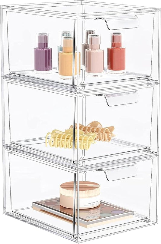 3 Pack Stackable Makeup Organizer and Storage, Acrylic Organizers，Clear Plastic Storage Drawer with Handles for Vanity, Undersink, Kitchen Cabinets, Pantry