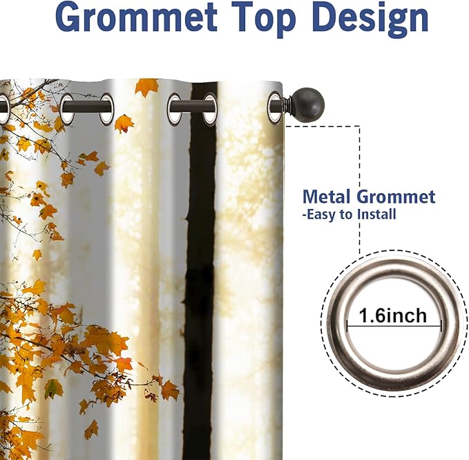 Jekeno Fall Tree Blackout Curtains Autumn Yellow Orange Maple Tree Fallen Leaf Brown Branch Wood Silky Satin Room Decor Grommet Window Drapes for Bedroom Living Room 2 Panel Set, 52"x63"