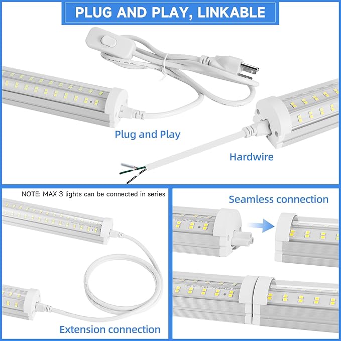 8FT U Shape 125W Integrated LED Tube Light, 6500K Clear White, 20000LM Super Bright, Flush Mount/Hanging, Linkable Shop Lights for Garage Workshop, Plug&Play, 8 Pack