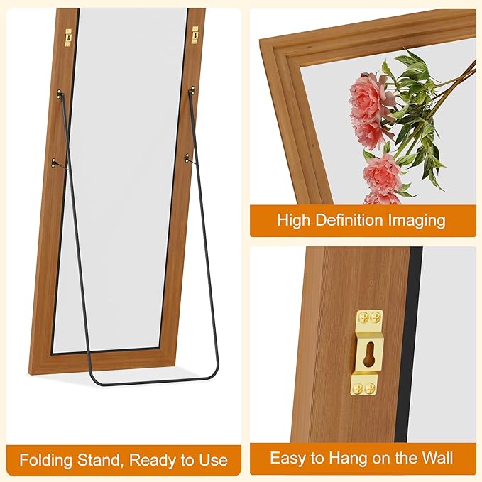 Full Length Mirror,65x22 Inch Full Length Mirror Wall Mounted,Vertical Hanging,Leaning Standing for Bedroom,Living Room,Rectangular Wooden Frame,Walnut Color.