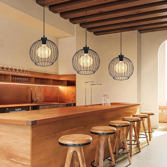 Black Ball Modern Industrial Chandelier – DIY Metal Cage Pendant Light Fixture, E26 Base (No Bulb), Assembly Required, for Living Room, Kitchen, Dining Room, Bedroom, Farmhouse, Bar, Café