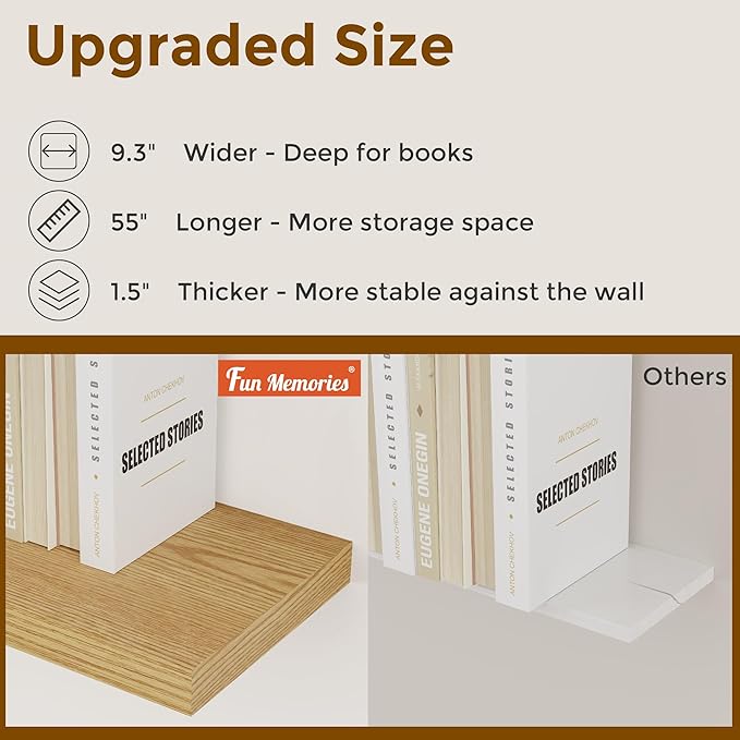 55 Inch Floating Shelves Set of 2, Rustic 55 x 9.3 Floating Shelf for Wall, 9.3 Inch Deep Wall Shelves Invisible Bracket, Large Deep Shelving for Bedroom, Kicten, Living Room, Oak Color