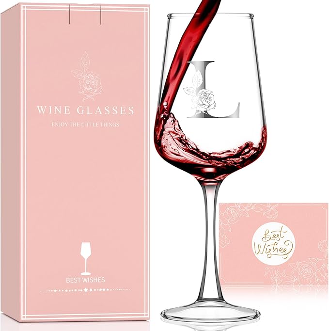 Monogrammed Wine Glass Gifts for Women - Personalized A-Z Wine Glasses with Gift Box & Greeting Card | Custom Mothers day, Anniversary, Birthday Gifts for Her, Mom, Wife, Best Friend, Sister,Woman (L)