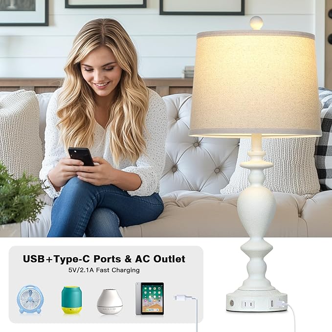 28" White Farmhouse Table Lamps Set of 2 with USB C+A Ports & AC Outlet for Vintage Living Room Rustic Bedroom,3-Way Dimmable Touch Lamp Retro Resin Bedside Lamps for Nightstand Side Table