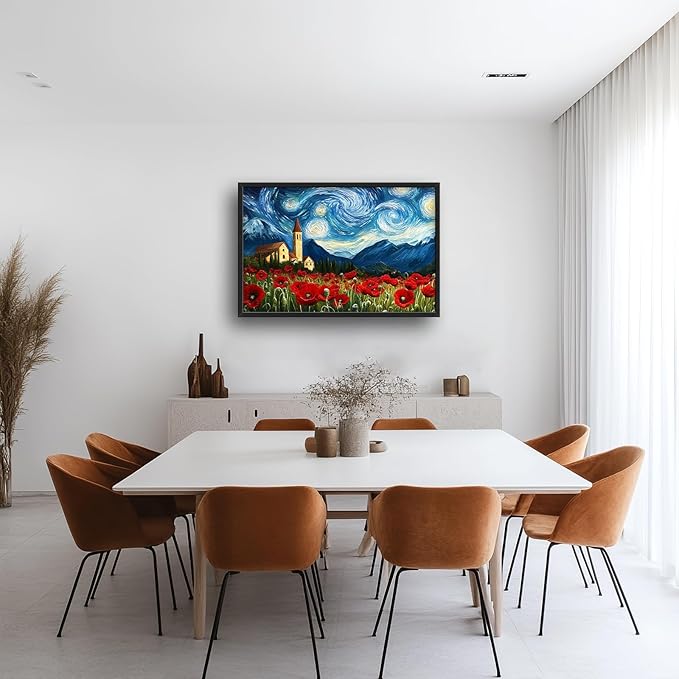 Starry Night Framed Wall Art for Living Room, Large Poppies Canvas Wall Decor, Vintage Red Flowers Pictures Painting, Modern Landscape Artwork for Bathroom Bedroom 36L'' × 24W''