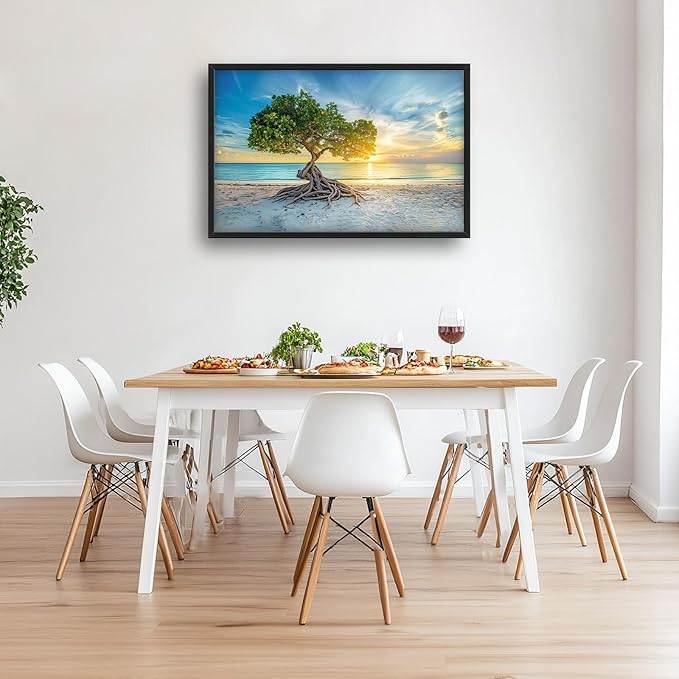 Beach Tree Large Framed Wall Art Sunrise Coastal Sea Pictures Oversized Tree of Life Wall Decor Canvas Print Painting Aesthetic Modern Artwork for Living Room Bedroom Office Bathroom Home Decor 36L"x24W"
