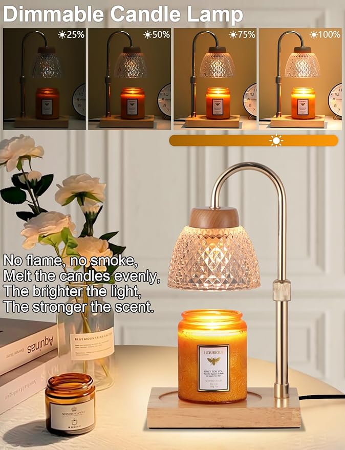 Dimmable Candle Warmer Lamp with Timer, Electric Wax Melt Warmer for Jar Scented Candles Adjustable Height, Mothers Day Birthday Gifts for Women Mom Grandma Home Offices Decor, with 2 Bulbs(Gold)