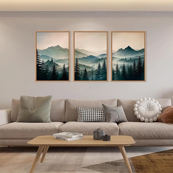 HPNIUB Large Green Mountain Framed Canvas Wall Art,Boho Foggy Forest Wall Decor,Modern Watercolor Pine Tree Wall Painting,Nature Mountains Landscape Art Print for Living Room,Bedroom,Office- 24"x36"x3