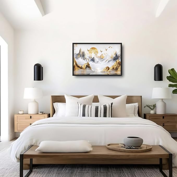 Extra Large Framed Abstract Mountain Wall Art,Golden Silver Sun Bird Wall Decor,Mountain Landscape Pictures for Living Room,Canvas Print Painting Modern Artwork Bedroom Office Bathroom 36L x24W