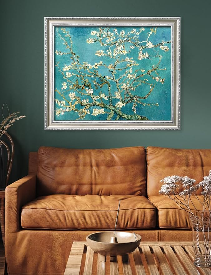 DECORARTS - Almond Blossom Tree, Vincent Van Gogh Art, Silver Solid Wood Frame, Giclee Print on Canvas. Frame Art for Elegant Home Decor. Framed Size: 34.5x28.5