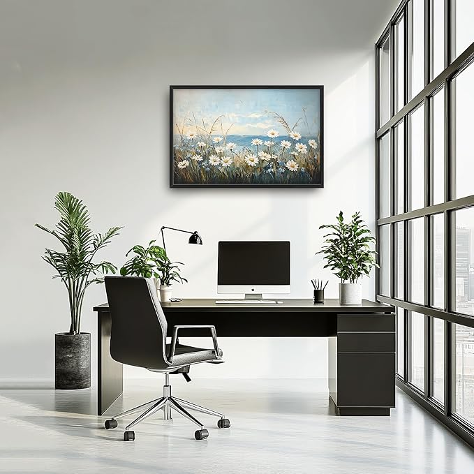 Flintis Large Ocean Daisy Framed Wall Art Beach Daisy Flower Pictures Wall Decor Abstract Natural Landscape Canvas Painting Print Artworks Framed for Living Room Bathroom Master Bedroom 36L X 24W