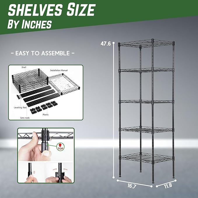 PayLessHere 5-Tier Adjustable Wire Shelf 12" W x 17" D x 48" H Max Load 750 lbs, Easy Assembly, Versatile Storage Solution, Durable and Stable for Home and Office,Black