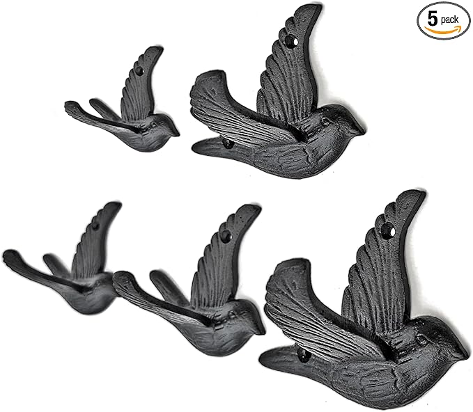 Ambipolar 5-Pack Bird Flying Style Coat Hooks, Vintage Black Hooks for Coats, Hats, and More, Sturdy Cast Iron Construction, Rustic Farmhouse Theme, Easy Installation Versatile and Durable