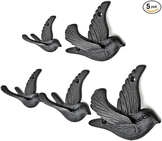 Ambipolar 5-Pack Bird Flying Style Coat Hooks, Vintage Black Hooks for Coats, Hats, and More, Sturdy Cast Iron Construction, Rustic Farmhouse Theme, Easy Installation Versatile and Durable