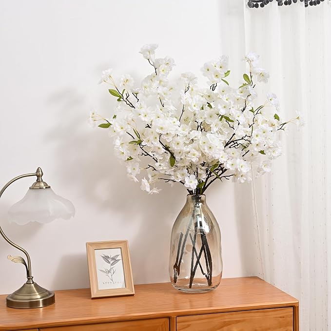Sunm Boutique White Cherry Blossom Flowers, Artificial Cherry Blossom Decor Faux Cherry Blossom Branches Vase Arrangements for Wedding Home Party Kitchen Decor, Set of 3