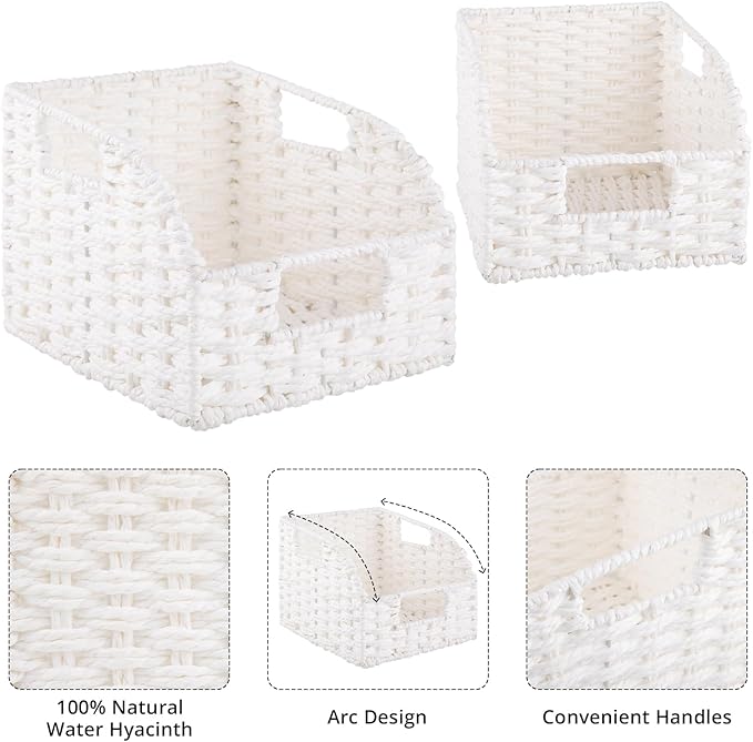 OIAHOMY Pantry Baskets for Organizing, Paper Rope Baskets with Built-in Handles, Wicker Storage Bints for Shelves, 2 Pack-White
