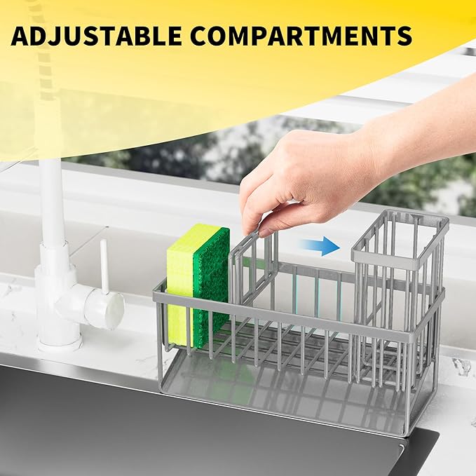 Cisily Sink Caddy Organzier with High Brush Holder, Sponge Holder for Sink, 304 Rustproof Stainless, Kitchen Countertop Soap Dispenser Organizer, Gray Kitchen Decor and Accessories