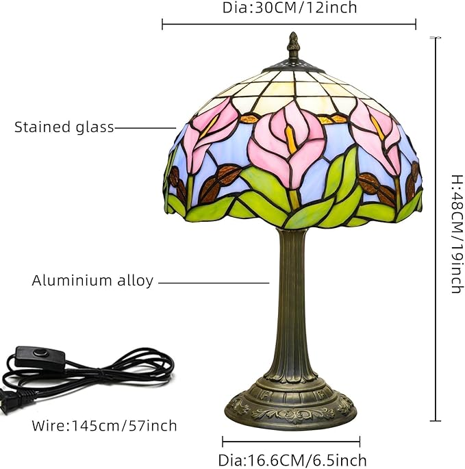 Tiffany Lamp 12 Inch Blue Pink Calla Lily Victorian Stained Glass Table Lamp Antique Bedside Reading Lamp For Bedroom Nightstand Office Light Dorm Room Decor Tiffany Style Retro Home Decoration Gifts