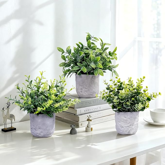 FGSAEOR Mini Potted Fake Plants, Small Artificial Greenery Realistic Plants Topiaries, Low Maintenance, for Home Office Shelf Desk Farmhouse Room Coffee Table Decor (3-Pack) (Grey (Round Pot))