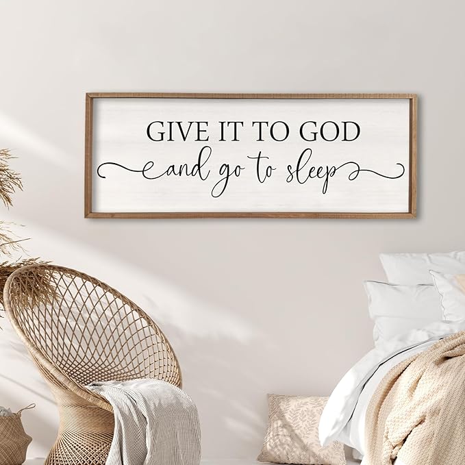 Surfapans Give It To God And Go To Sleep Sign Wall Decor Above Bed 40"x15" Master Bedroom Guest Room Over Bed Wood Rustic Framed Wall Art (Wood)