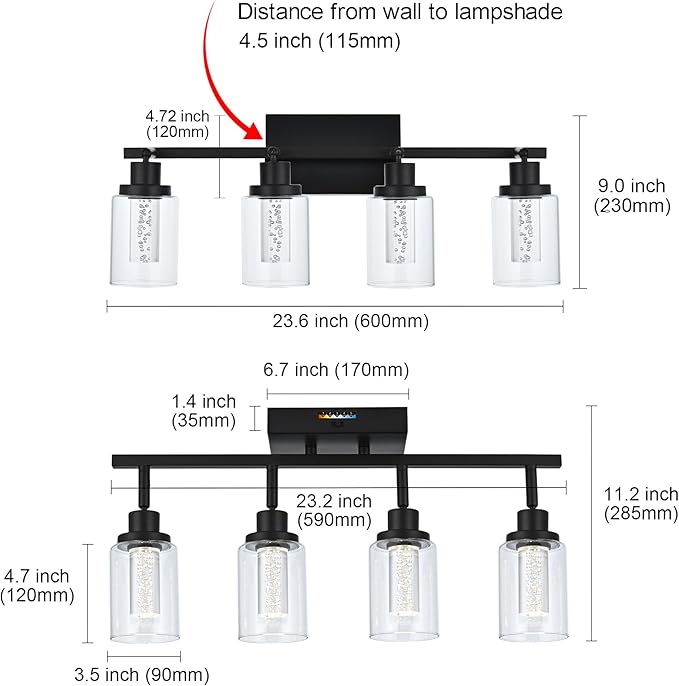 MELUCEE LED Track Lighting Fixtures Ceiling 4-Light Black Semi Flush Mount Ceiling Light Bathroom Wall Light with Flexibly Rotatable Light Heads, Built-in LED Chips, 5-Color Temperature Adjustable