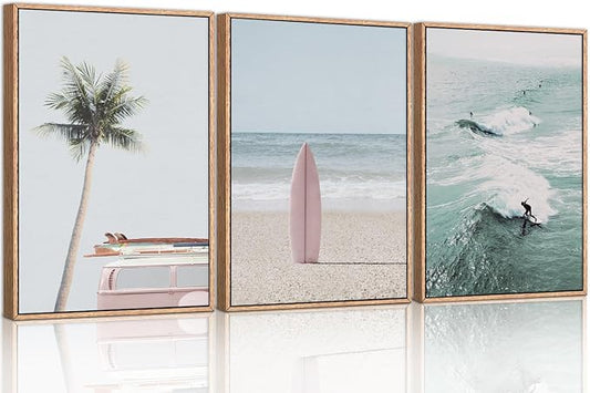 CHDITB Beach Framed Canvas Wall Art Set, Palm Tree Surfboard Seascape Wall Decor, Ocean Surfing Wall Painting, Coastal Art Print for Living Room, Bedroom, Dining Room, Bathroom - Large Size 16"x24"x3