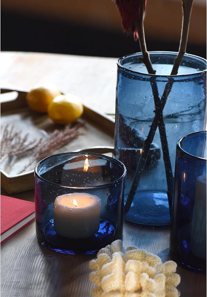ARIAMOTION Glass Hurricane Candle Holders Bulk for Pillar Blue Seeded Bubbles Cylinder Table Centerpiece Modern Rustic Vases Home Decor 10" 7" 4" Set of 3