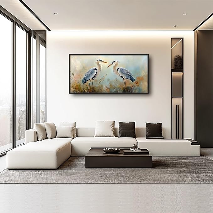 Blue Heron Framed Wall Art for Living Room, Large Birds Canvas Wall Decor, Animal Pictures Painting, Modern Artwork for Bathroom Bedroom 60L'' × 30W''