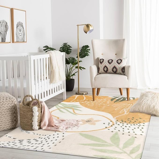 Lahome Non-Slip Rug for Living Room - 4x6 Washable Lightweight Large Area Rug Boho Throw Soft Carpet for Bedroom, Taupe Botanical Print Indoor Rugs for Kids Nursery Kitchen Entryway Dining Room