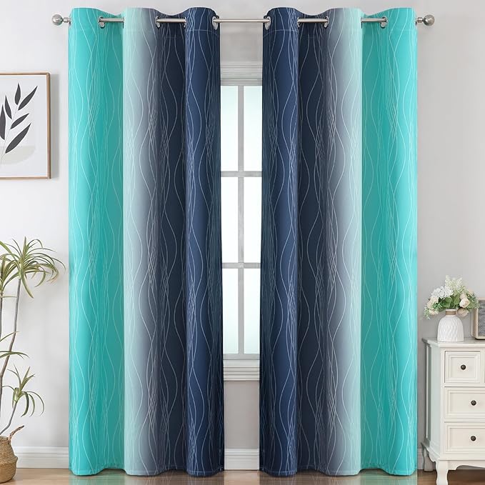 Estelar Textiler Navy Blue and Teal Ombre Blackout Curtains for Bedroom, Thermal Insulated Gradient Blackout Drapes, Full Room Darkening Energy Saving Curtains for Living Room, 42Wx84L, 2 Panels