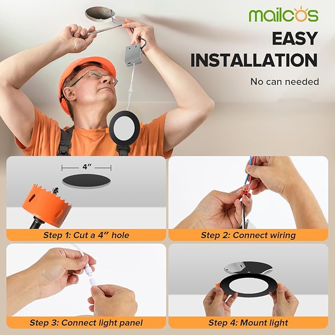 MAILCOS 12 Pack 4 Inch 5CCT Black Ultra-Thin LED Recessed Ceiling Light with Junction Box, 2700K-5000K Selectable, 810LM High Brightness, Dimmable Canless Wafer Downlight, 9W 120V, ETL