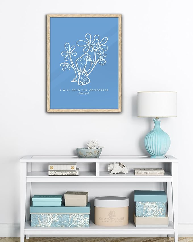EcoHest Large 16x20in OAK Wood Framed Wall Art, John 14:16 I Will Send The Comforter Bible Verse Christian Canvas Wall Decor, Blue Jesus Prints for Bedroom Living Bathroom Religious Gift 1 Pack