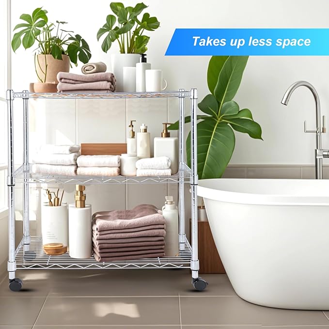 Whitmor 3 Tier Storage Shelves, Heavy Duty with Wheels, 400 lbs Capacity per Shelf, Max 1200 lbs Total, Adjustable Shelving Unit for Garage, Kitchen, Bathroom, 24" L x 14" W x 30.5" H, Chrome