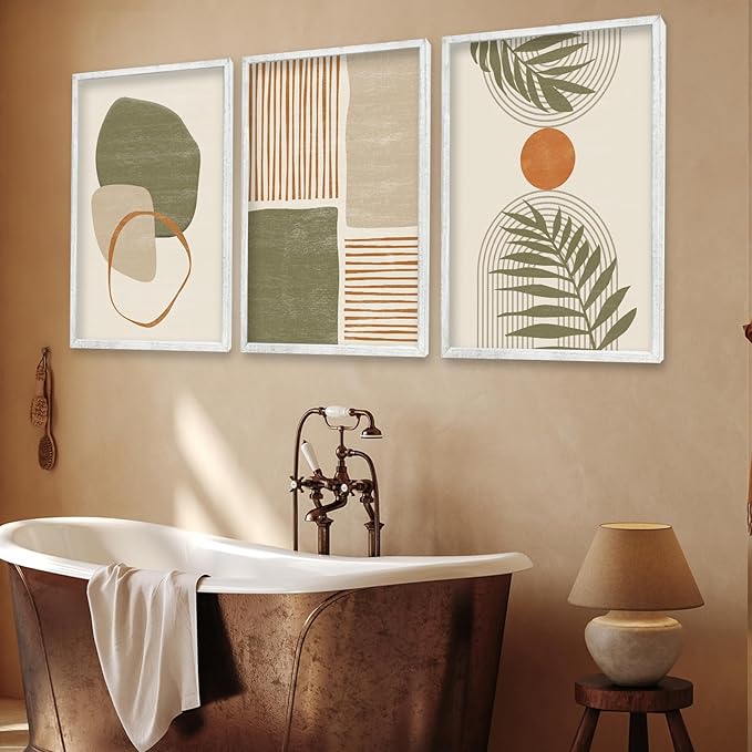 Boho Geometric Green Polygon Tropical Leaves Illustrations Wall Art 16"x24" Wood Set Of 3 Framed Abstract Shapes Sign Modren Living Room Bedroom Office Neutral Print Wall Hang Decor (White)