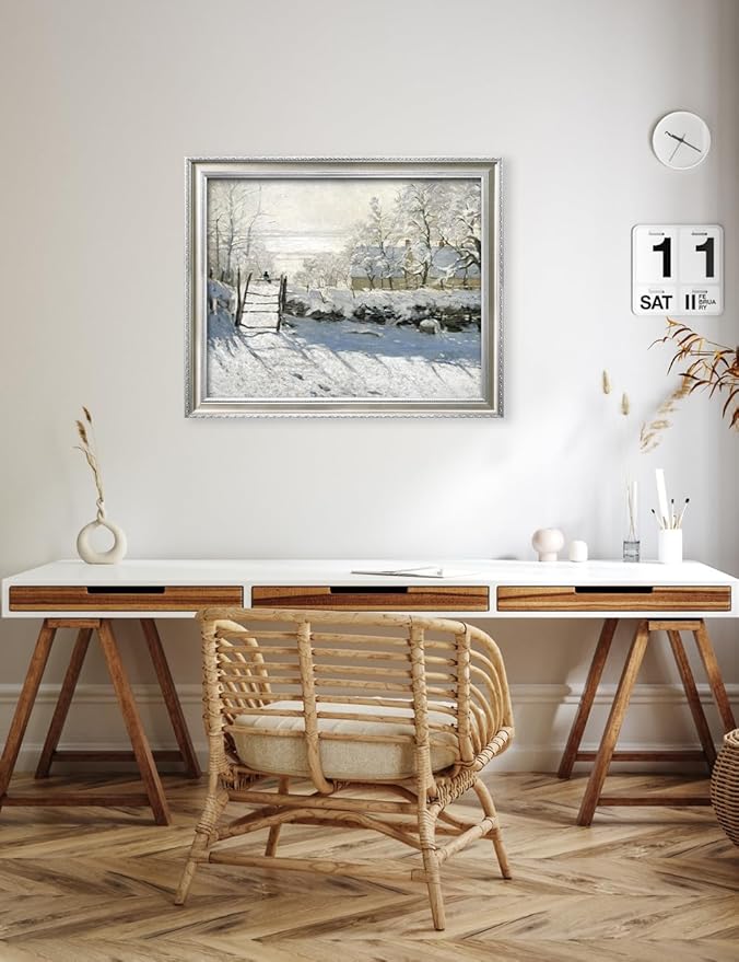 DECORARTS - Claude Monet The Magpie Giclee Print with Silver Solid Wood Frame, Impressionist Large Framed Wall Art, Ready to Hang, Framed Size 34.75x28.75, Made in USA