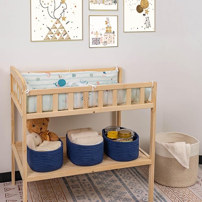 CubesLand Small Storage Baskets for Shelves, Navy Blue Closet Organization Storage Bins Empty Gift Basket 3 Packs Baby Nursery Woven Baskets for Organizing, Rectangular Clothes Closet Shelves Baskets
