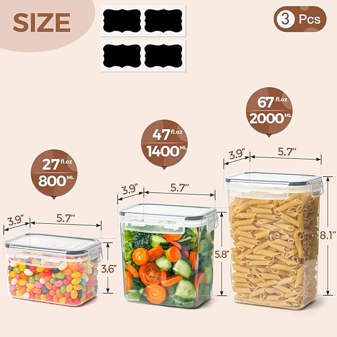 ComSaf Food Storage Containers with Lids Set of 3 (2L/67oz) (1.4L/47oz) (0.8L/27oz), Airtight Food Storage Containers, Plastic Canisters Sets for Kitchen, Pantry Organizers for Sugar, Cereal and Snack