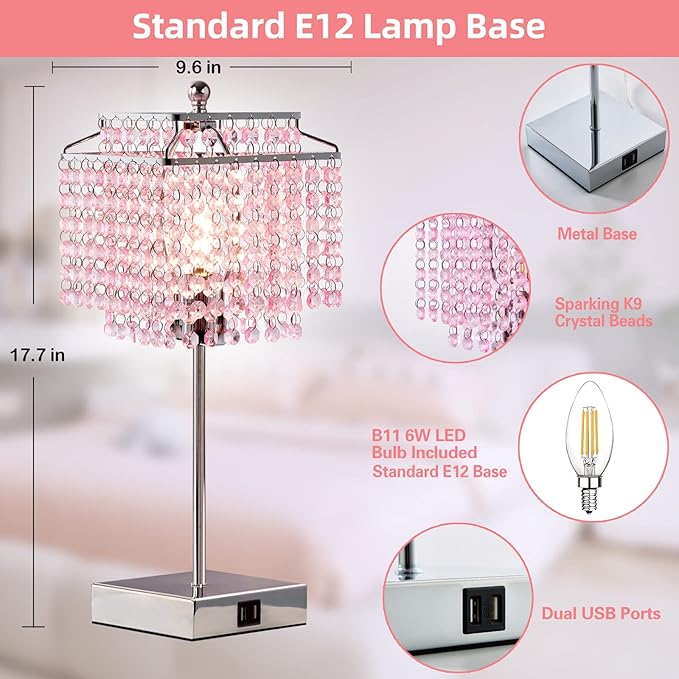 Luvkczc Crystal Touch Table Lamp, Bedside Lamp with USB C+A Ports, Pink Lamp, 3-Way Dimmable Lamp with Crystal Shade, Nightstand Lamp for Girl Bedroom, Living Room, Bulb Included